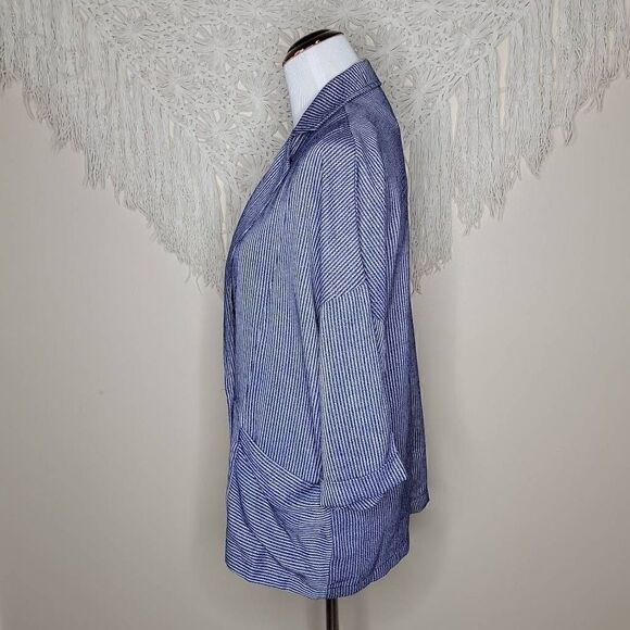 Fashion On Earth Stripe Double Button 3/4 Sleeve Navy Blue Blazer Medium - Picture 13 of 15